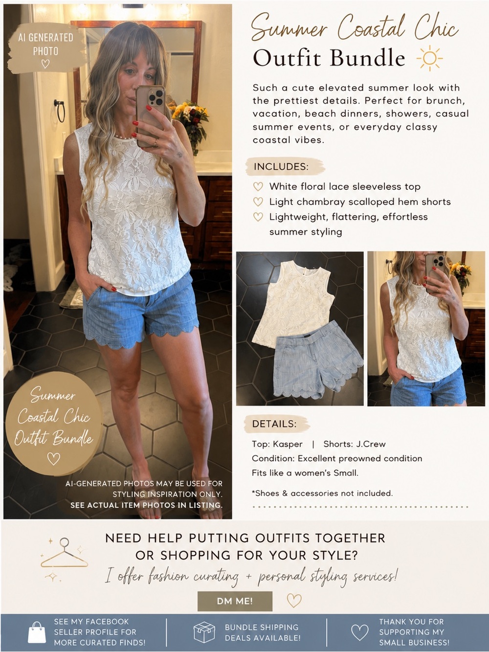 Summer coastal chic outfit bundle, Kasper top, J. Crew shorts- SMALL